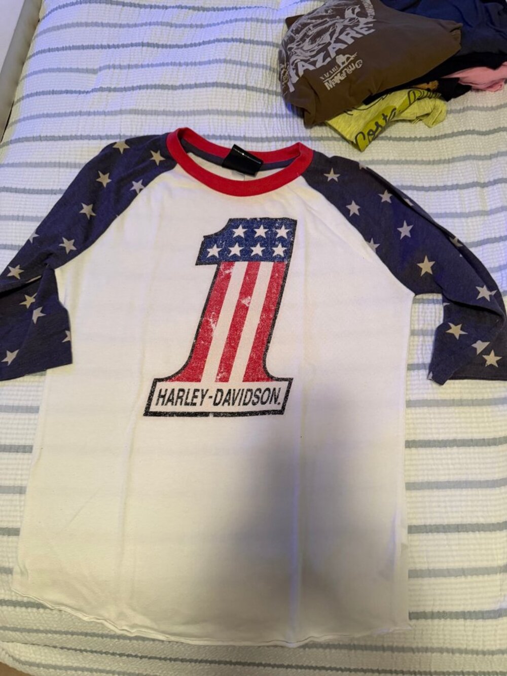 Harley-Davidson #1 Raglan Tee Women Medium Americana Stars & Stripes